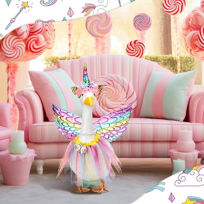 Abbylike Unicorn Goose Outfits Halloween Porch Goose Costume for 23'' Cement Statue Unicorn Headband Tutu Skirt and Wing for Party Outdoor Yard Lawn Garden Patio Decor