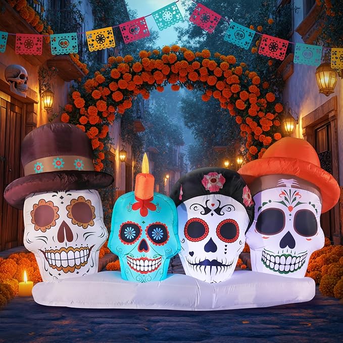 DomKom Halloween Inflatable Blow Up Decorations, Dia de Los Muertos 8FT Day of Dead Catrina Skulls, Built-in LEDs for Holiday Party, Garden, Lawn, Yard, Patio Décor