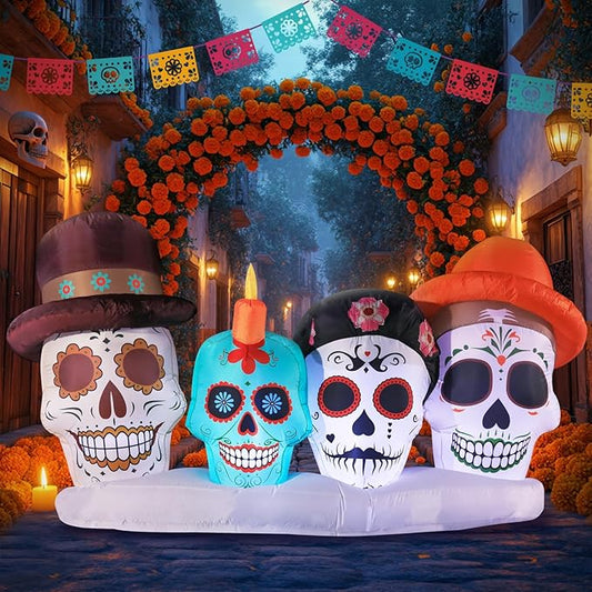 DomKom Halloween Inflatable Blow Up Decorations, Dia de Los Muertos 8FT Day of Dead Catrina Skulls, Built-in LEDs for Holiday Party, Garden, Lawn, Yard, Patio Décor