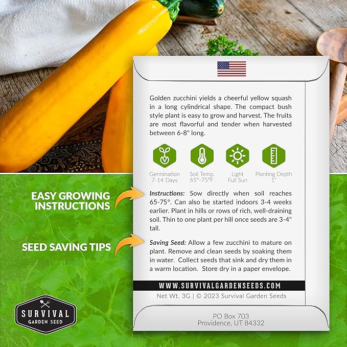 Survival Garden Seeds - Golden Zucchini Seeds for Planting - Packet with Instructions to Plant & Grow Yellow Zucchini Vegetables in Your Home Vegetable Garden - Non-GMO Heirloom Variety Plant Seed