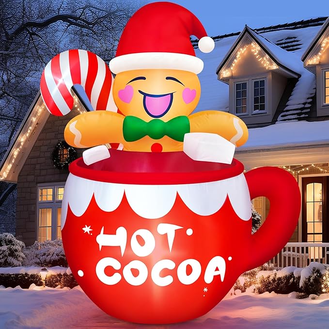 Danxilu 6FT Christmas Inflatable Outdoor Decorations, Cute Blow Up Hot Cocoa Gingerbread Man with Candy Canes Built-in LED Xmas Inflatable Yard Decorations for Outside Indoor Garden Lawn Holiday Party