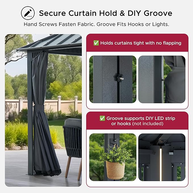 SUNJOY Kingston 20' x 12' Hardtop Gazebo with Galvanized Steel/Polycarbonate Double Roof, Curtain and Netting, Gray Aluminum Posts Permanent Pavilion Gazebo for Garden, Patio, Deck, Lawn