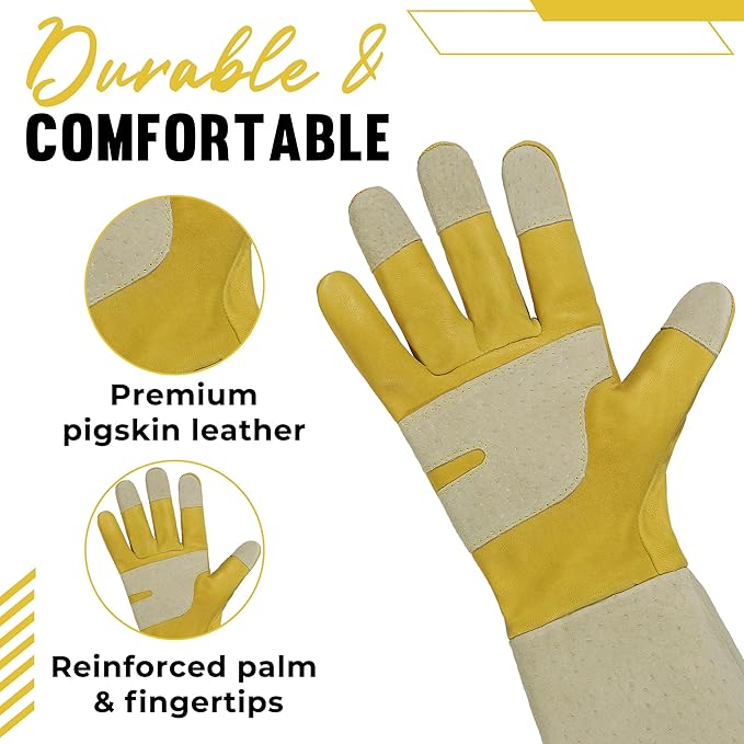 HANDLANDY Rose Pruning Gloves for Men & Women, Thorn Proof Long Garden Gloves, Gardening Gifts for Gardeners (Yellow- goatskin, Large (Pack of 1))