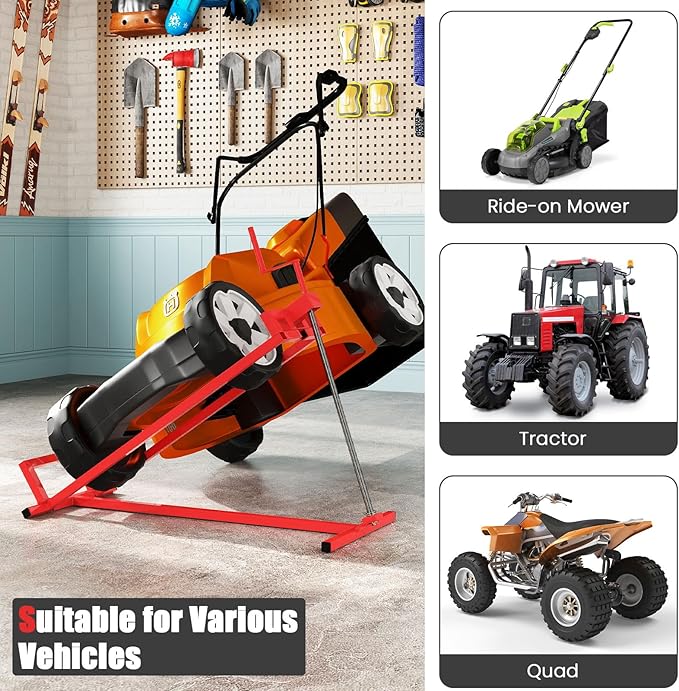 IRONMAX Riding Lawn Mower Lift, Folding Lawn Tractor Lift with Manual Handle, Adjustable Height & Angle, Telescopic Maintenance Jack, Heavy Duty Steel Lawnmower Jack, 880 LBS Weight Capacity (Red)