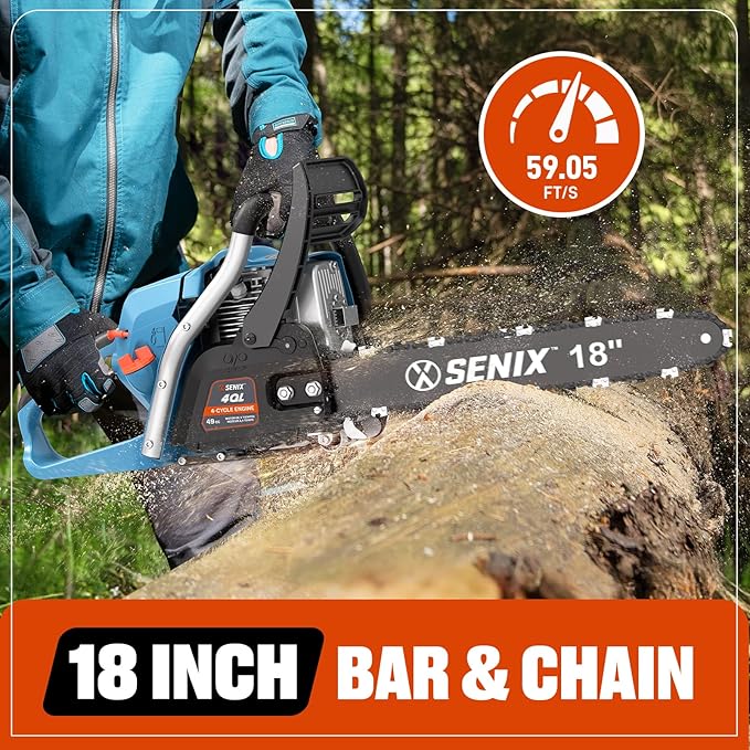 SENIX 4-Cycle 18-Inch Gas Chainsaw | 49cc Cordless Chain Saw for Wood Cutting, Tree Trimming, Farm & Home Garden Use | No Fuel Mixing, Automatic Oiler & Quick Start Engine