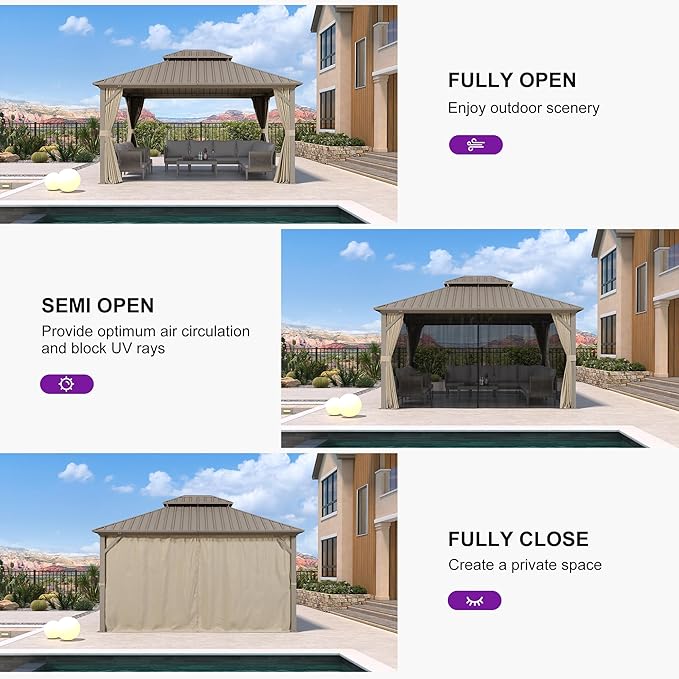 PURPLE LEAF 12' x 14' Outdoor Hardtop Gazebo with 9 Pieces Outdoor Dining Set, Champagne Aluminum Gazebo with Galvanized Steel Double Roof, Curtains and Netting for Patio Lawn and Garden