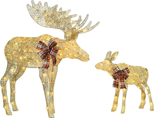 Outdoor Lighted Deer Christmas Decor, Moose & Fawn 2-Piece Set Xmas Holiday Decorations with 170 Warm White LEDs, Champagne Gold Twine, 3D Design, Ground Stakes, for Yards, Garden, Lawn