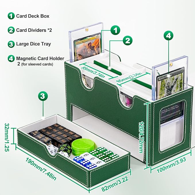 Card Deck Box for MTG, Double Card Storage Box with 2 Commander Display & 1 Dice Tray, Fits 200+ Double Sleeved Cards, Organizer for CCG TCG Sports Cards (Green White)