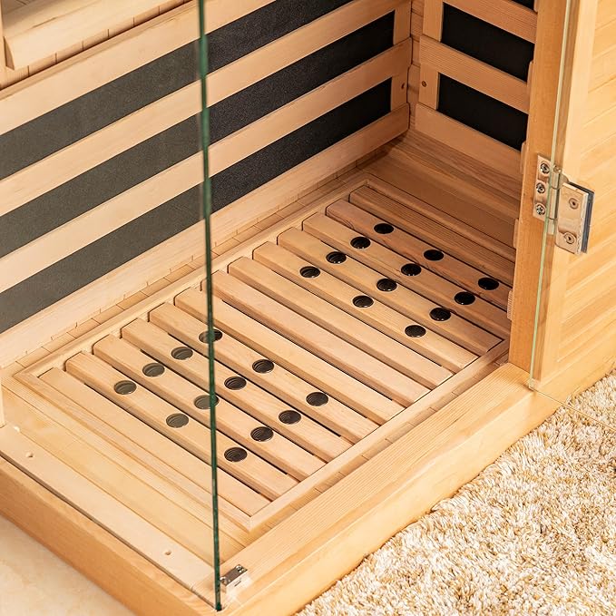Woodbridge Infrared Home Sauna Room 1 Person Hemlock Wooden Indoor Sauna,7 Carbon 1560W/120V Heaters,with Led Color Therapy Light,Bluetooth Speaker,Tempered Glass,Touch-Tone Keypad and A Top Vent
