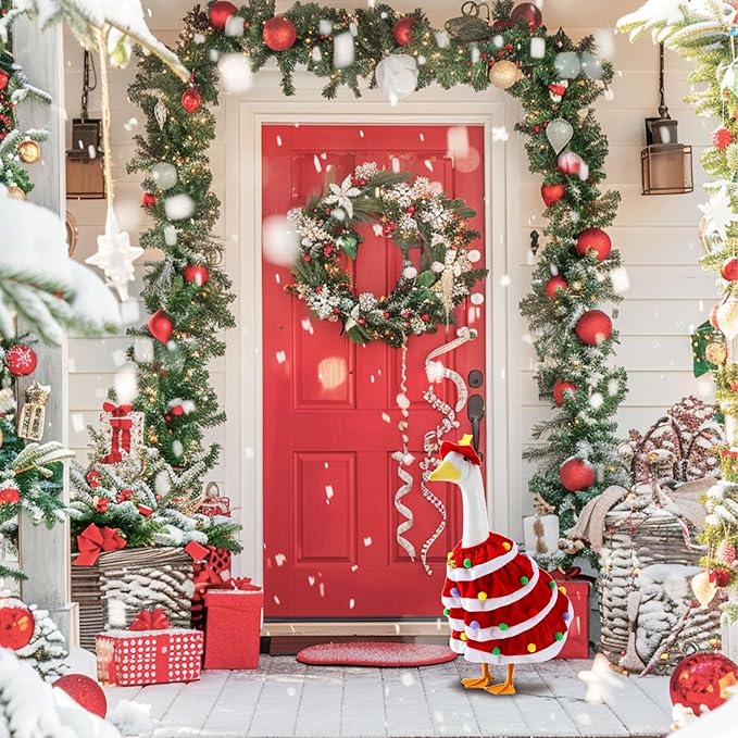 RAWILL 1PC Christmas Porch Goose Outfits,Old Lady Goose Santa Clothes for 23'' High Cement or Plastic Porch Costume for Yard Lawn Outdoor Garden Patio Xmas Holiday Decor（RED）