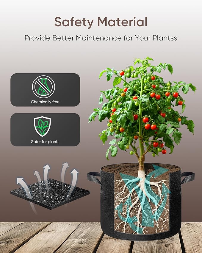 The Growing 5 Pack 7 Gallon Fabric Grow Bags，Thickened Aeration Nonwoven Fabric Plant Pots with Durable Handles,Heavy Duty 300G Planter Pot for Tomato, Fruits, Vegetables and Flowers, Black