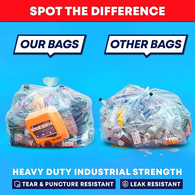 Tasker 95-96 Gallon Trash Bags, (Value Pack 50 Bags w/Ties) Extra Large Heavy Duty Clear Plastic Recycling Trash Bags, 90 Gallon, 95 Gallon, 96 Gallon, 100 Gallon (Clear)