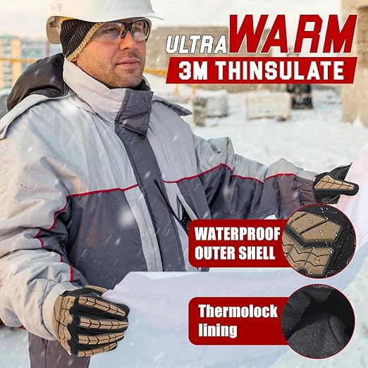 HANDLANDY Insulated Winter Work Gloves for Men, 3m Thinsulate Thermal Impact Gloves with Touchscreen for Cold Weather (Tan, Large)