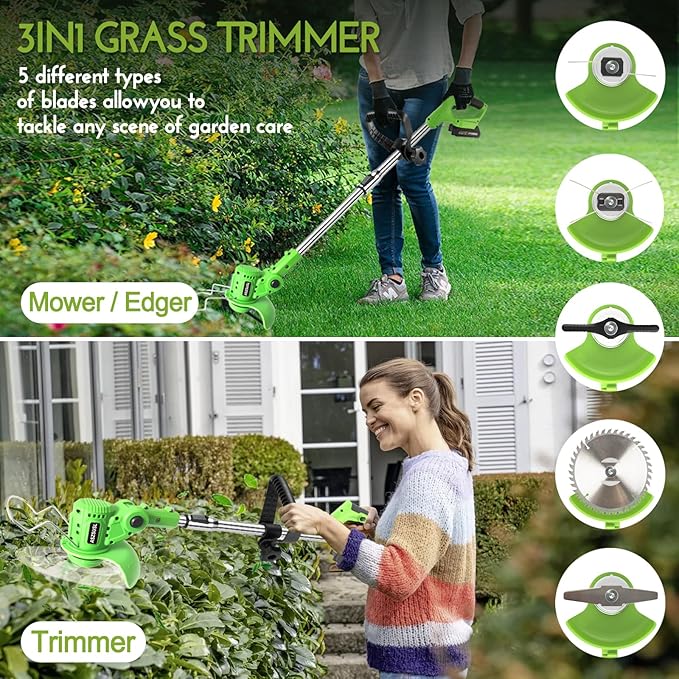 Cordless Weed Wacker, 21V Electric Grass Trimmer with 2 Battery and Charger 5 Types 26Pcs Blade 3 in 1 Weed Eater Lawn Edger Brush Cutter for Lawn Yard Garden