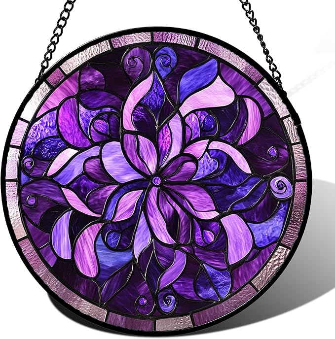 Stained Glass Window Hanging - Purple Abstract Flower Suncatcher for Door Garden Patio Sun Catchers Decor Christmas Mother's Day Birthday Gifts for Women Men Mom Nana Aunt Friend 11.8 in