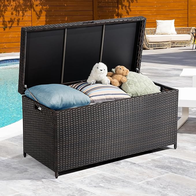 IDZO 136 Gallon Outdoor Wicker Storage Box, UV Weather & Water Resistant, Soft-Close Hinge, Poly Bag Included, Patio Cushion Storage - Brown