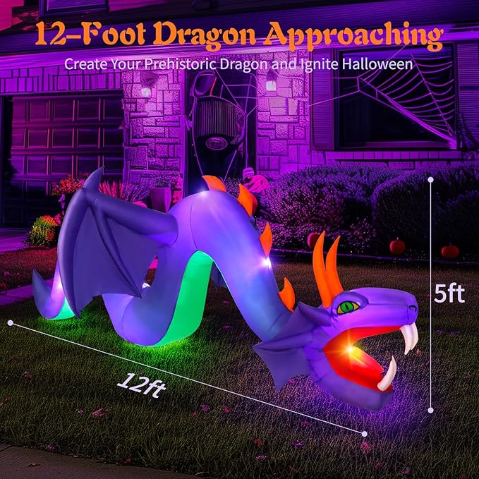 12ft Halloween Inflatable Dragon Decorations,Open Mouth and Sharp Teeth Outdoor Giant Purple Decorations,Built-in 7 LEDs Blow Up Dragon Inflatables for Yard, Lawn & Garden Internal Lights