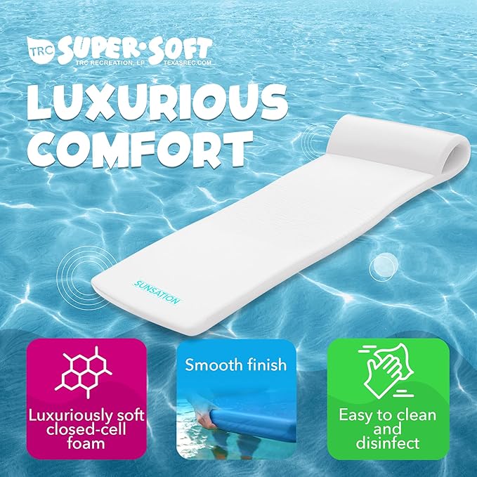 TRC Recreation Sunsation Vinyl Coated Foam Swimming Pool Float Mat Adult Lounger with Built-in Roll Pillow