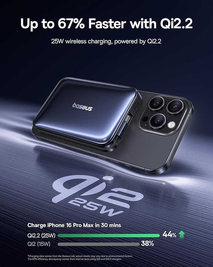 Baseus Picogo Qi2.2 25W Magsafe Portable Charger Power Bank 10000mAh 45W, with Built-in Cable USB-C Fast Charging for iPhone 17/16/15/14/13 Pro Max/Galaxy S25 / Pixel 10 Pro Black