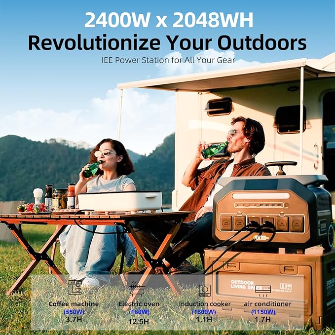 IEE P2400 Portable Power Station with 1x500W Solar Panel,2400W AC Outlet(Peak 5000W),1800W 1.2H Fast Charge,2048WH Lifepo4 Battery,5-8MS EPS Switch Below 30DB Solar Power Generator for Home Backup,RV.