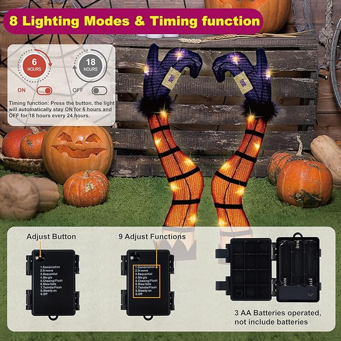 Halloween Lighted Witch Legs with Stakes, 22" Light Up Witch Feet with Timer & 8 Lighting Modes, Battery Operated Witch Decor for Indoor Outdoor Porch Planter Garden Decor(17" Leg+5" Stake)