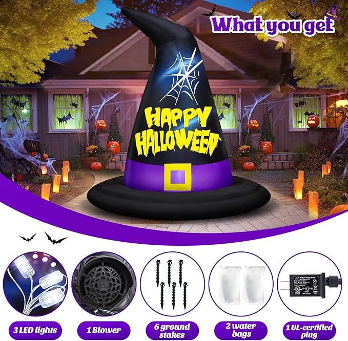 Danxilu 6 FT Halloween Inflatables Outdoor Decorations, Halloween Inflatable Witch Hat Built-in LED Lights Blow Up Yard Decoration for Decor Outside Holiday Party Garden Lawn