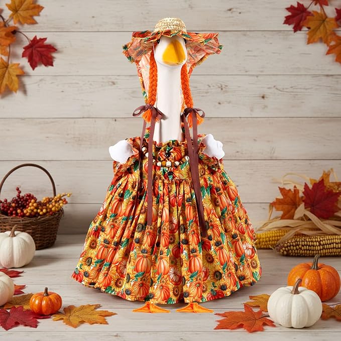 Fall Thanksgiving Goose Outfit Sunflower Porch Goose Costume with Hat Necklace for 23 Autumn Patio Yard Lawn Decor(Pumpkin,Sunflower)