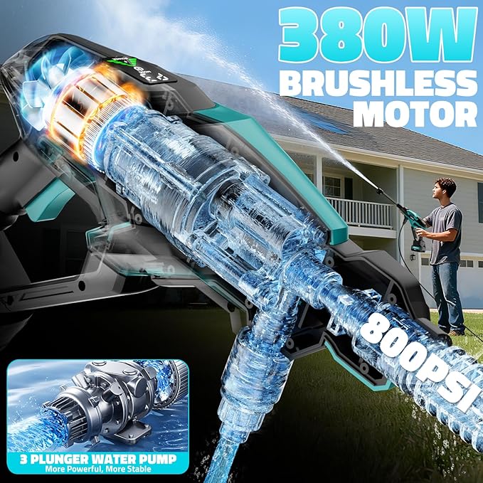 Cordless Pressure Washer, 800PSI Brushless Power Washer with 18V 4.0Ah Battery, 17FT High Elastic Hose, 6-in-1 Nozzle and Storage Handbag, 3 Power Level Portable Pressure Washer for Home, Car, Garden