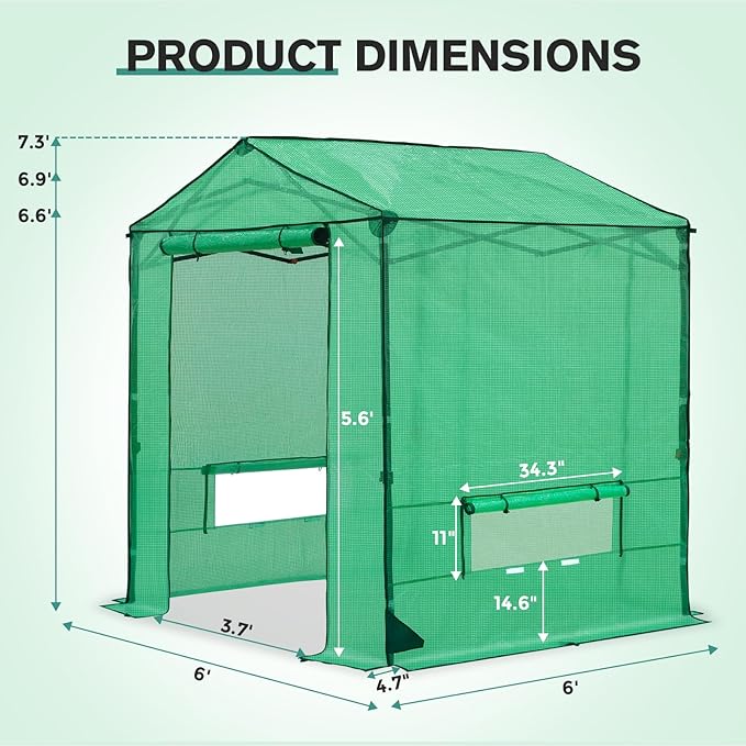 COOS BAY 6x6 FT Portable Walk-in Greenhouse, Pop up Outdoor Green House with Power Access Openings, Zippered Doors & Windows, Durable PE Cover, Green