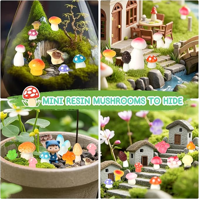 200pcs Mini Mushrooms Tiny Resin Mushrooms Miniature Little Small Mushroom Figures Bulk for for Micro Fairy Garden Landscape Aquarium Accessories Dollhouse Hide Crafts Decor