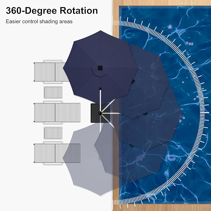 PURPLE LEAF 11ft Patio Umbrella With Base Solar powered LED Cantilever Umbrella with LED lights Windproof Outdoor Offset Umbrella for Garden Deck Pool Patio, Navy Blue