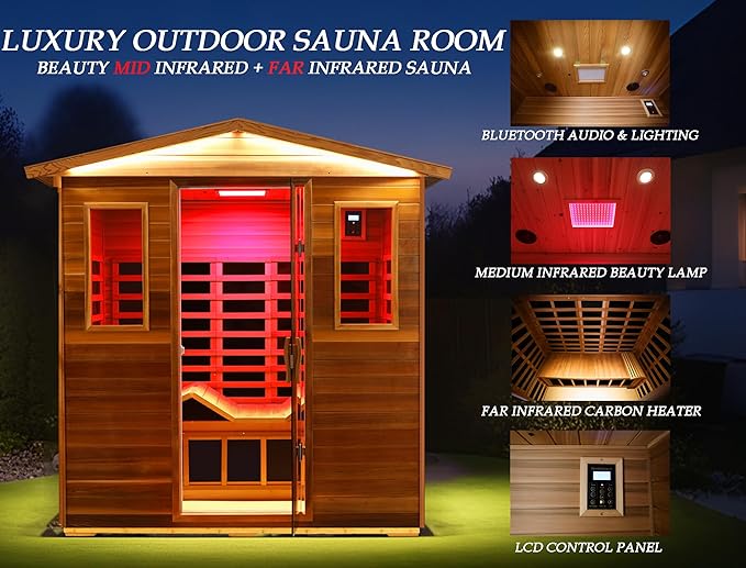 Red Cedar Ultra Low EMF Far Infrared Outdoor Sauna 3 Person with Ergonomic Seat, Mid-IR Beauty Lamp, 1950 W, 7 Infrared Carbon Plate Heaters, Chromotherapy Lamp, Reading Lamp, Bluetooth Speaker