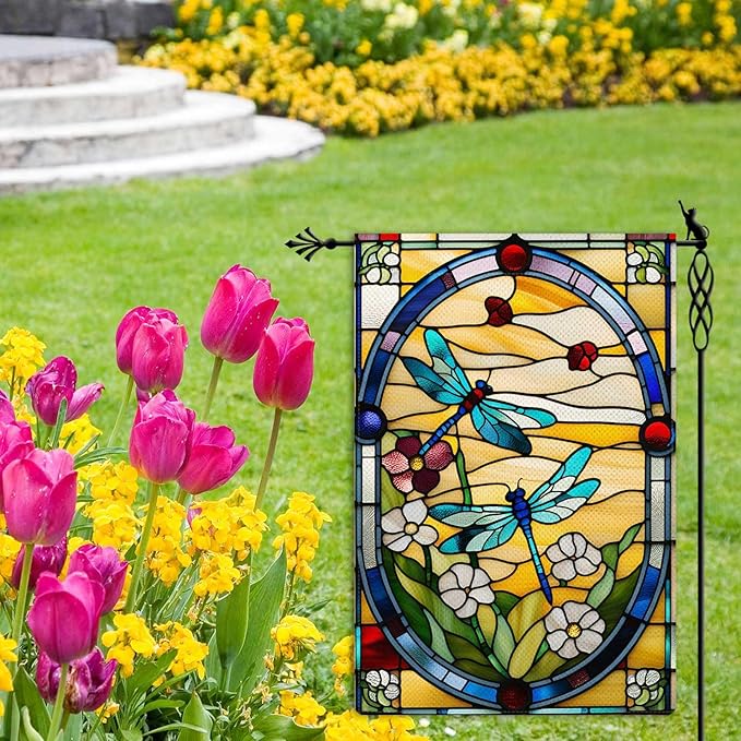 Spring Summer Dragonfly Garden Flag Stained Glass Style Floral Flowers Garden Flag Vertical Double Sided Rustic Farmland Burlap Yard Lawn Outdoor Decor 12.5x18"