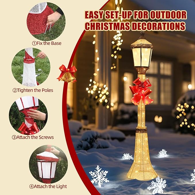 60-Inch Outdoor Christmas Decorations Outdoor Lighted Lamp Post 3D Lamppost LED Lighted Post Christmas Decoration with 128 LED Lights & Bow Holiday Decorations for Yard, Porch, Patio
