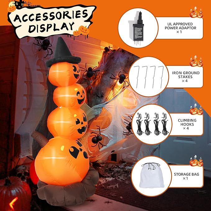 DearSun 6FT H Halloween Inflatable Stacked Pumpkins with Witch’s Hat, Blow up 4 Pumpkins Inflatable with Build-in LED Lights Outdoor Decorations Large Party Yard Decoration
