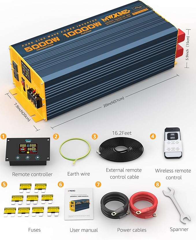 5000 Watt Power Inverter Pure Sine Wave 24V DC to 110V 120V 10000W Peak Heavy Duty Inverter with Remote Control and LED Display, 4 USB/Type-C Ports & 2 AC Outlets Car Charger for Vehicles RV