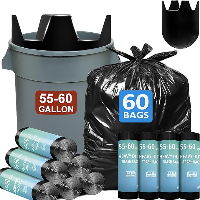 55-60 Gallon Trash Bags Heavy Duty 60 Count Bulk with 4 Innovative Flap Ties | Compatible with Rubbermaid Brute & Winco & Behrens 55-60 Gallon Round Trash Can | Tear & Leak Resistant Black