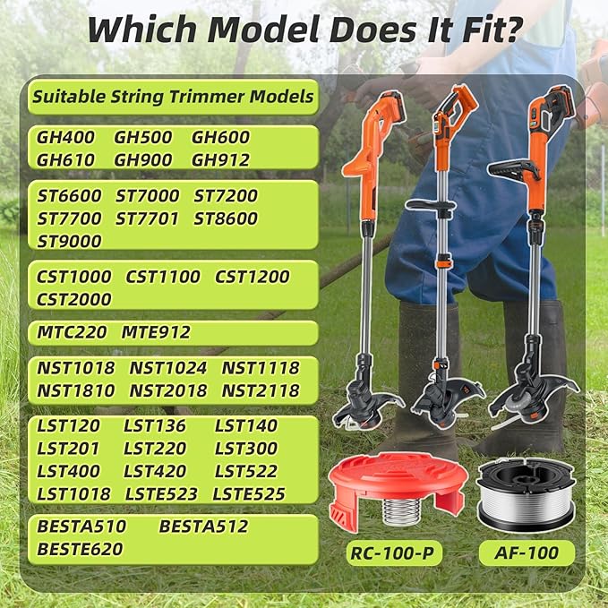 19 Pcs AF-100 Weed Eater Strings Compatible with Black and Decker Weed Eater, 0.065’’ AFS Automatic Feed Replacement Spool, 16 Pcs Spools(480ft Total), 3 Pcs RC-100-P Trimmer Caps and Springs
