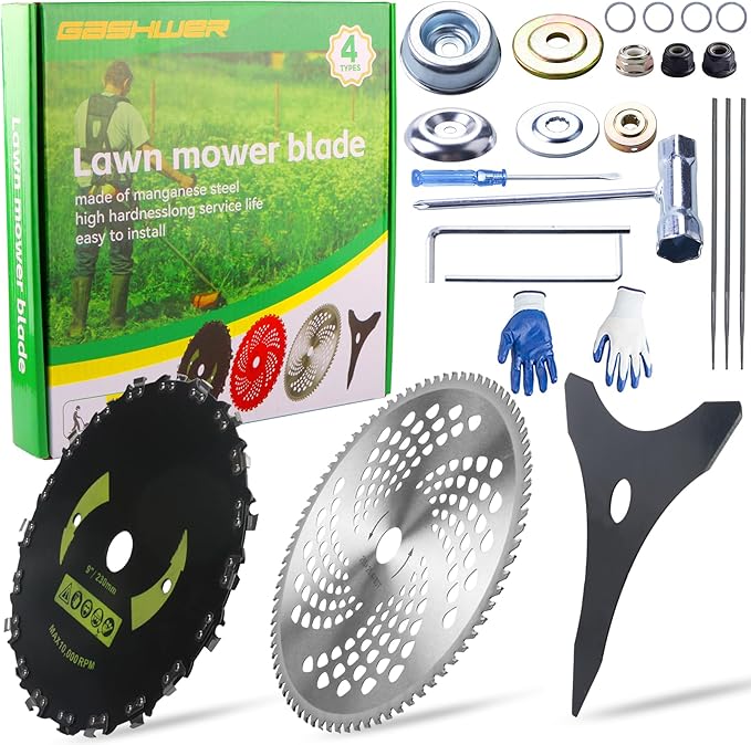 9"x20T Brush Blades Carbon Steel Round Chainsaw, 10"x3T Cutter Weed Eater Blades, 10"x80T Carbide Tip Blades- Adapter Kit with 3 Round Files, Compatible With Trimmer Weed Eater Husqvarna Stihl Ego