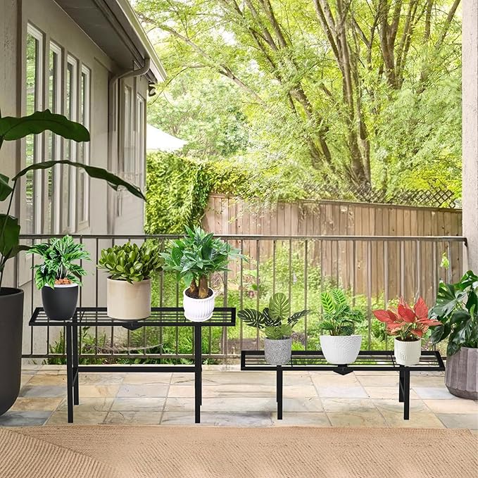 2 Tier Stackable Plant Stand Indoor Outdoor, Freestanding Tiered Folding Heavy Duty Metal Ladder Plant Shelf, Multiple Plant Pot Holder Display Rack for Living Room Garden Balcony Patio, Black