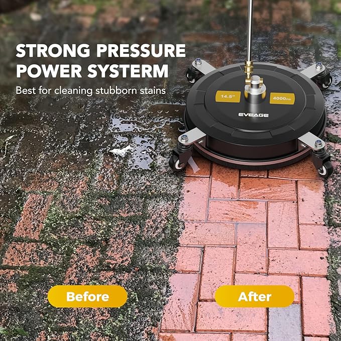 EVEAGE 14.5" Pressure Washer Surface Cleaner, Upgraded Stainless Steel Pressure Washer Accessories with 4 Weels & 1/4" Quick Connector, 4,000 PSI Power Washer for Driveways Sidewalks Patios Cleaning