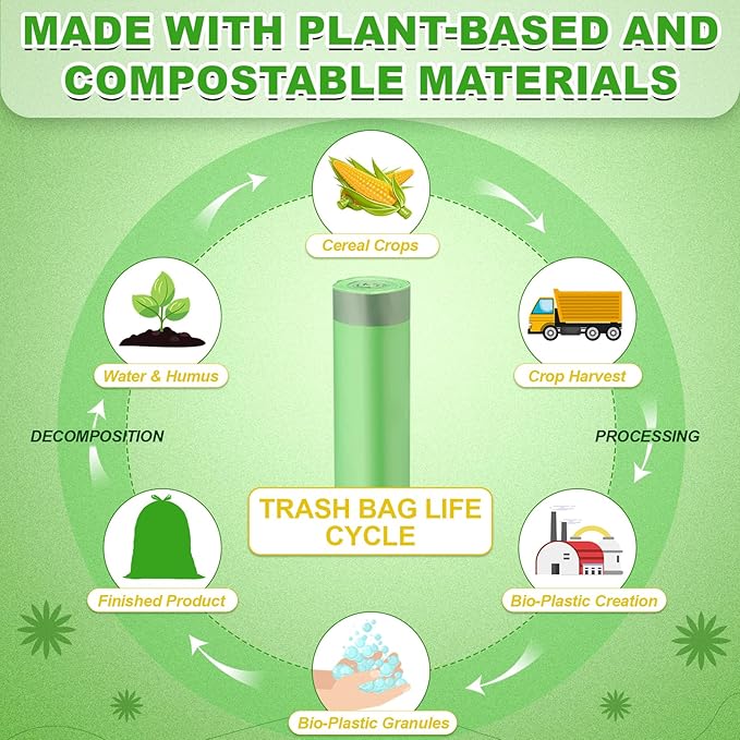 200 Count 13 Gallon Compostable Trash Bags with Drawstring Tall Kitchen Food Scrap Waste Bag Heavy Duty Extra Thick 1 Mil Tear Resistant for Lawn Yard Home Kitchen Office