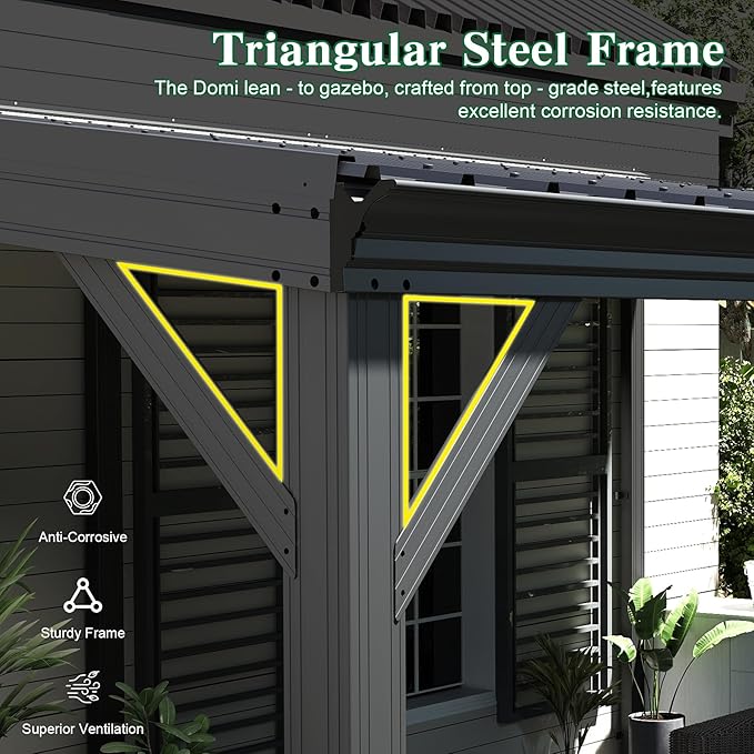 Domi 12’x20’ Lean-to Gazebo, Hardtop Wall-Mounted Gazebo Pergola with Sloping Galvanized Steel Roof and Upgraded Drainage System, Outdoor Permanent Metal Shelters for Patio Backyard Deck, Grey