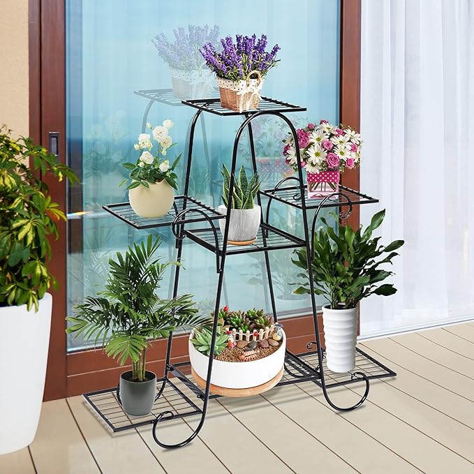 S AFSTAR 7 Tier Plant Stand, Parisian Style Garden Cart Stand, Multi-layer Mental Plant Stand, Plant Flower Pot Display Rack, Pot Holder for Indoor Outdoor Plant Stands for Patio Balcony (Black)