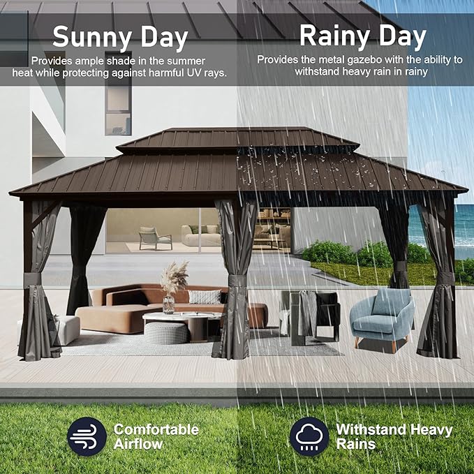 Domi Hardtop Gazebo 12x20FT, Aluminum Outdoor Gazebo with Galvanized Steel Double Roof Canopy, Curtains and Netting Included, Metal Gazebo Permanent Pavilion for Patio, Lawn, Garden, Brown