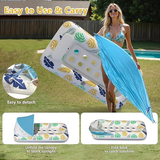 Inflatable Adult Pool Floats with Canopy 70 Inch Giant Swimming Pool Lounger Raft with Cup Holder & UV-Resistant Heavy-Duty Adults Floaties for Beach Lake Pool Parties Summer Travel Accessories