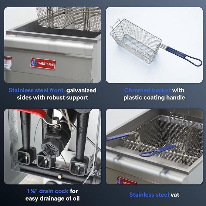 WESTLAKE Commercial Gas Deep Fryer, Stainless Steel Free Standing Floor Frye with Baskets 4 Tube 120000 BTU 50LB for Restaurants
