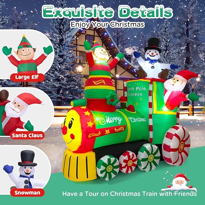6.2FT Christmas Inflatables Train & Santa Claus Outdoor Yard Decortaions Blow-up Christmas Decor with Built-in LED Lights for Garden Lawn Party