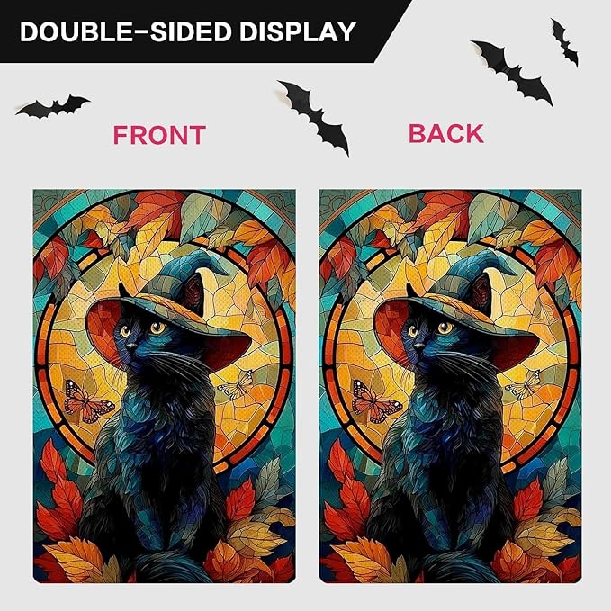 Halloween Wizard Cat Garden Flag Stained Glass Style Holiday Garden Flag Vertical Double Sided Rustic Farmland Burlap Yard Lawn Outdoor Decor 12.5x18"