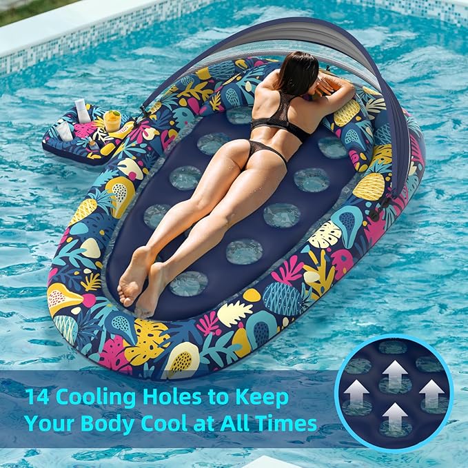 3-in-1 Pool Floats with Canopy Cup Holder, Large 73" x 48" Pool Floats Adults Heavy Duty, Inflatable Lounger Raft Floating Chair with Backrest, Swimming Pool Lake Beach Pool Party